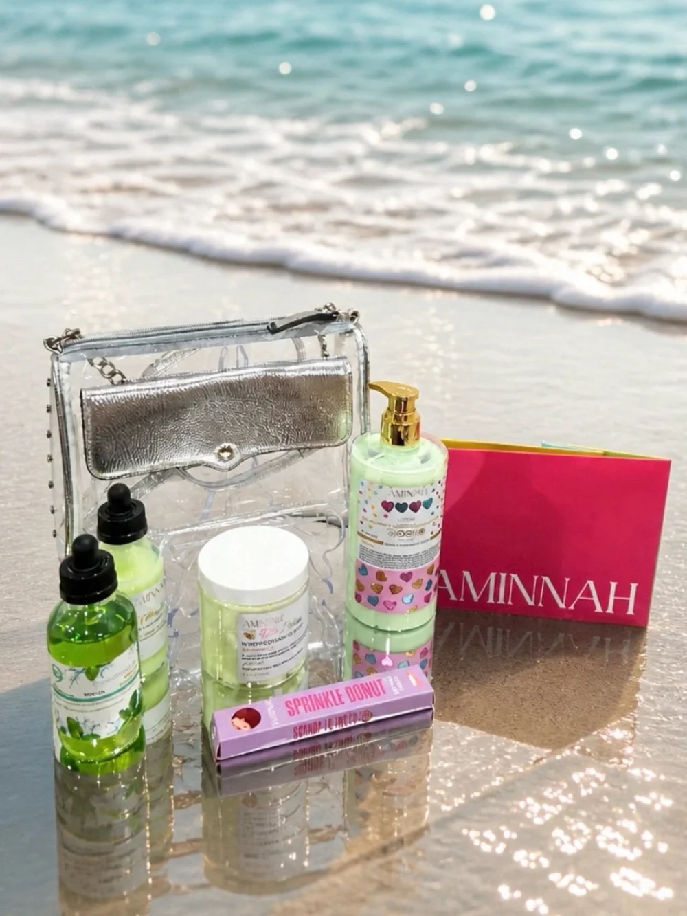 AMINNAH Skincare Set in Pastel Green with Silver Clear Tote spa bundle NWT